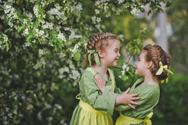 Two friends hugging in the background of a blooming garden 8344. — Stock Photo, Image