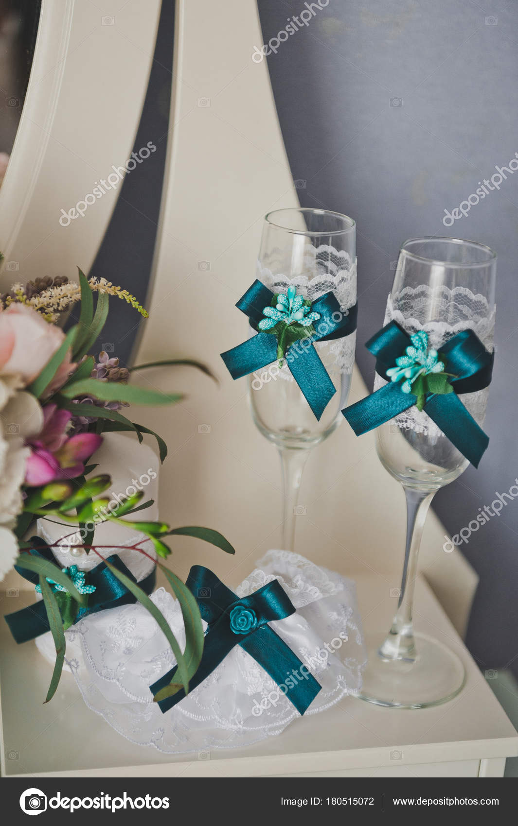 Glasses For Wine Beverages Decorated With Ribbons 8877 Stock