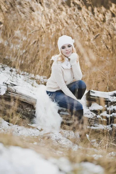 Téli portré lány egy piros hóval borított bozót a nád 916 — Stock Fotó