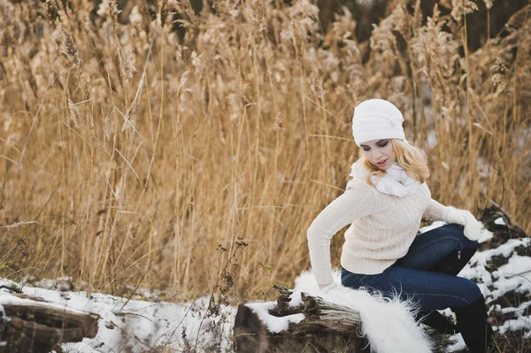 Dívka sedí na kmen padlého stromu, pokryté s — Stock fotografie