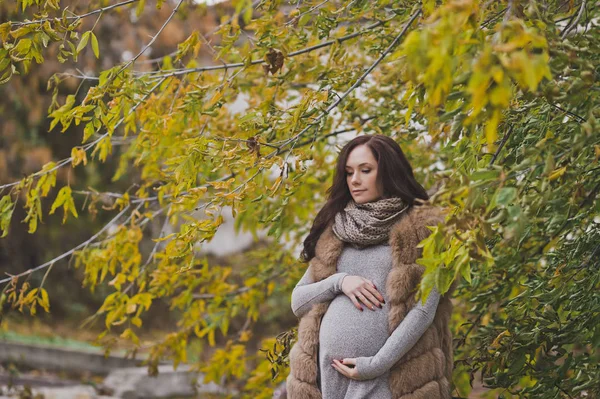 Szczegół portret dziewczyny w ciąży wśród żółknięcie liści — Zdjęcie stockowe