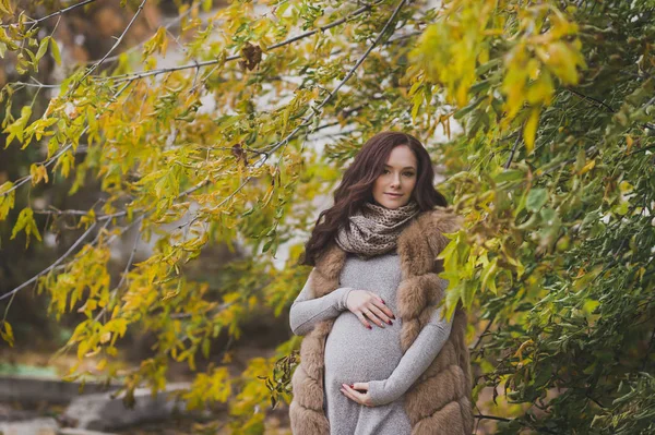 Retrato de cerca de una niña embarazada entre las hojas amarillentas — Foto de Stock