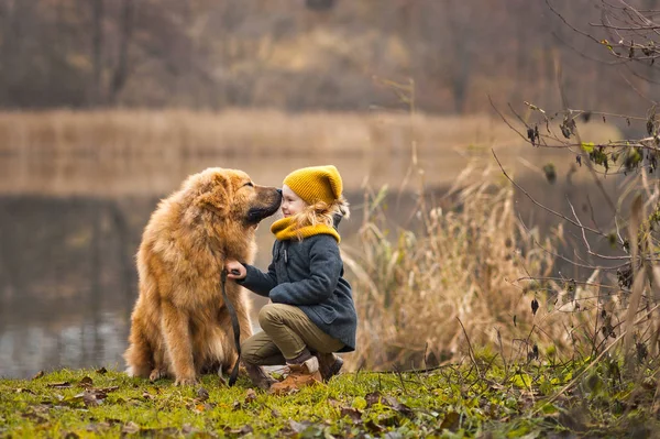 O passeio de uma criança com um cachorro grande no lago 9812 . — Fotografia de Stock