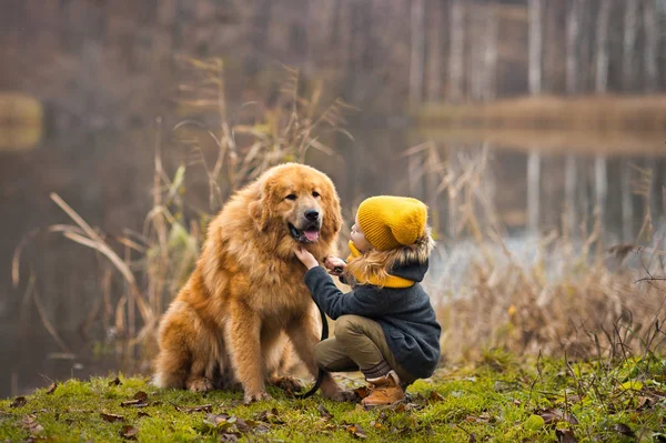 De wandeling van een kind met een grote hond op het meer 9813. — Stockfoto