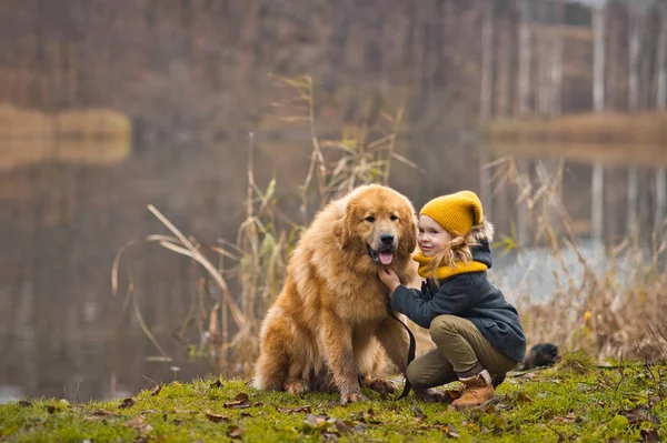 De wandeling van een kind met een grote hond op het meer 9814. — Stockfoto
