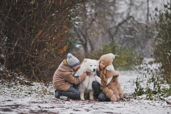 Children on a snowy path playing with the white dog 9843. — Stock Photo, Image