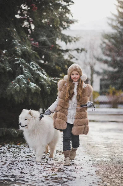 Portrait d'une fille avec un chien marchant sur l'avenue 9863 d'automne . — Photo