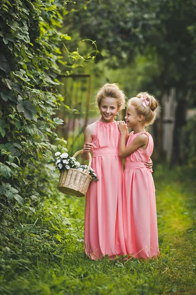 小女孩在粉红色的礼服漫步在花园6576. — 图库照片