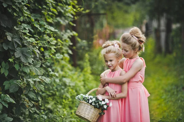 Две девушки в розовом платье играет в саду среди й — стоковое фото