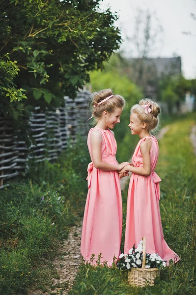 6609 庭の真ん中に立っているピンクのドレスの女の子. — ストック写真