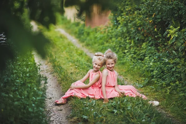 The girls in pink dresses sitting between rural paths 6628. — Stock Photo, Image