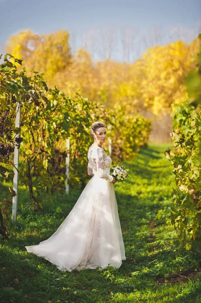 Un beau portrait d'une fille dans une robe moderne de mariage dans le — Photo