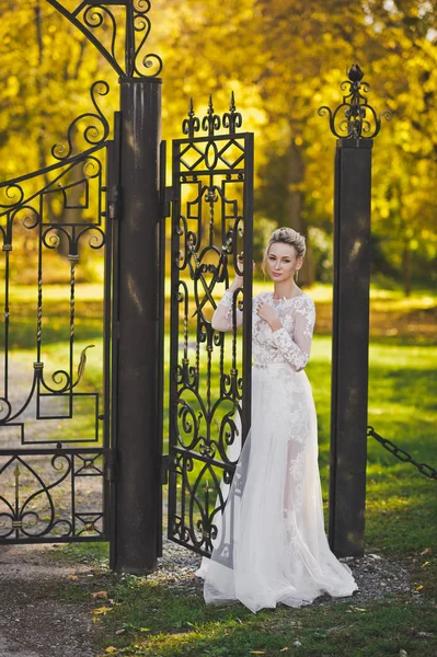 Πορτρέτο της νύφης σε ένα πλούσιο λευκό φόρεμα που αντιμετωπίζει τη σιδερένια πύλη — Φωτογραφία Αρχείου