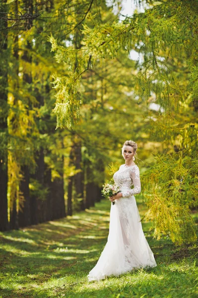 Gadis muda dalam gaun pengantin putih berdiri di latar belakang — Stok Foto