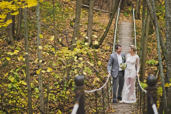 La novia y el novio en trajes hermosos están en largo tambaleante susp — Foto de Stock