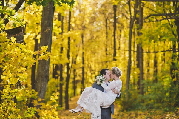 A noiva e o noivo no fundo do dourado iluminado — Fotografia de Stock