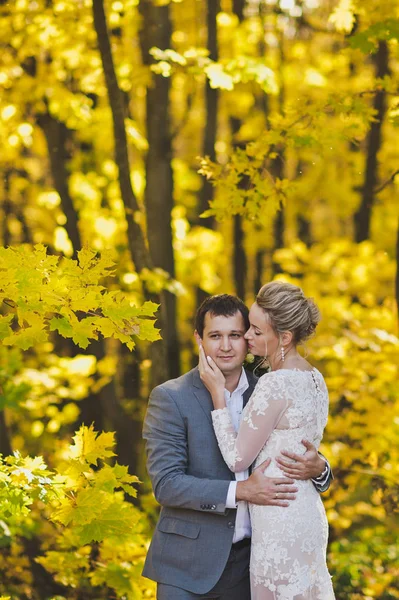 Наречений і наречений на тлі яскраво освітленого золота — стокове фото