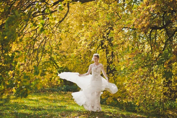 Retrato de uma noiva em um vestido branco rodopiando no prado autu — Fotografia de Stock