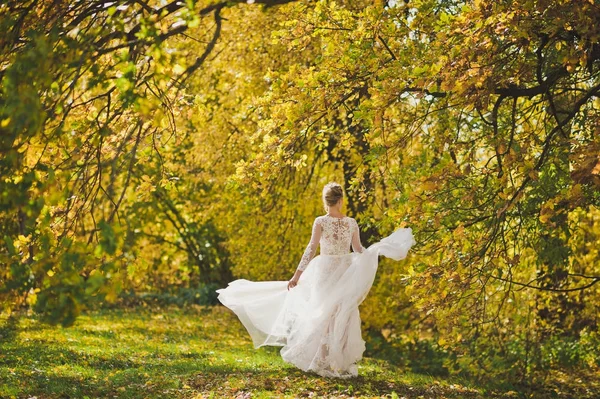 Retrato de uma noiva em um vestido branco rodopiando no prado autu — Fotografia de Stock