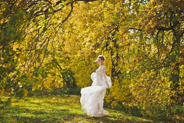Retrato de uma noiva em um vestido branco rodopiando no prado autu — Fotografia de Stock