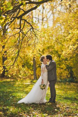 Gelin ve damat sonbahar orman yollarında 308 yürüyüş.