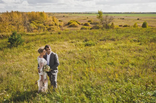 La novia y el novio sobre un fondo de campos verdes de ancho 321 . — Foto de Stock