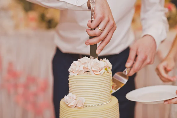 Il processo di taglio della torta da condividere per gli ospiti 7786 . — Foto Stock