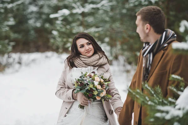Portrait der Frischvermählten, die im Winter zwischen den Sprossen spazieren — Stockfoto