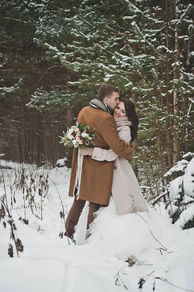 Die Frischvermählten umarmen sich am Rande des Winters stehend — Stockfoto