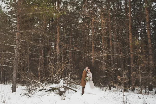 Les jeunes mariés s'embrassent debout sur le bord de l'hiver — Photo