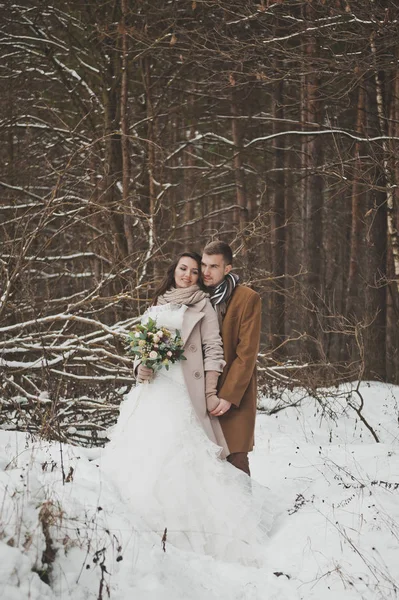 Die Frischvermählten umarmen sich am Rande des Winters stehend — Stockfoto