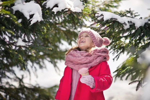 Un bambino felice con gelato nella foresta invernale 943 . — Foto Stock