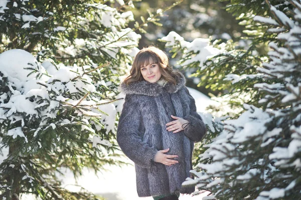 A pregnant girl in a fur coat on a winter walk 1128. — Stock Photo, Image