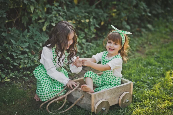 Two sisters play outside with a cart 1878. — Stock Photo, Image