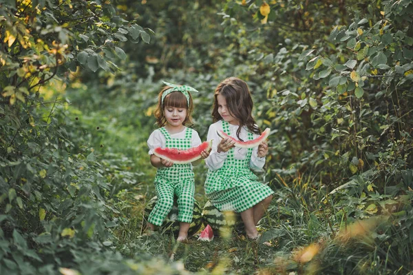 Two sisters on the nature of eating watermelon 1919. — Stock Photo, Image