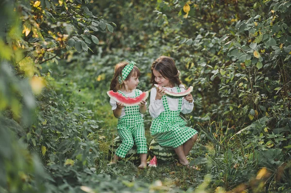 Irmãs estão sentadas nas melancias entre os becos e comem — Fotografia de Stock