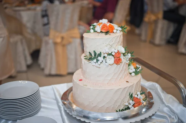 Schöne dreistöckige Torte mit bunten Blumen verziert 2136 — Stockfoto