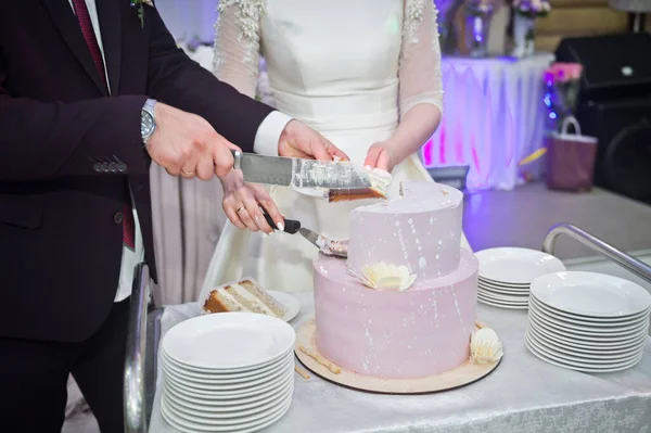 Das Anschneiden der Hochzeitstorte bei der Feier 2238. — Stockfoto