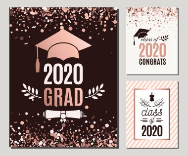 2020 mezuniyet kartı gül sarısı konfeti renklerinde. Üç vektör mezuniyet partisi davetiyesi. Mezuniyet posterleri. Hepsi izole ve katmanlı.
