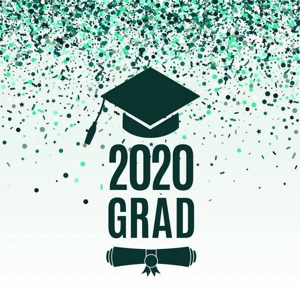 Grad 2020 Class Greeting Card Scroll Hat Greenery Background Falling — Stock Vector
