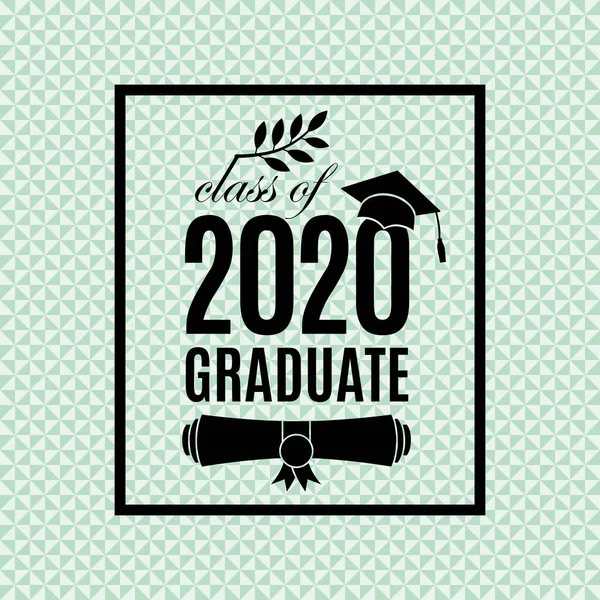 Class of 2020 graduate poster with hat, paper roll, laurel on emerald seamless triangle background for invitation, banner, greeting card, postcard. Vector graduate template. All isolated and layered