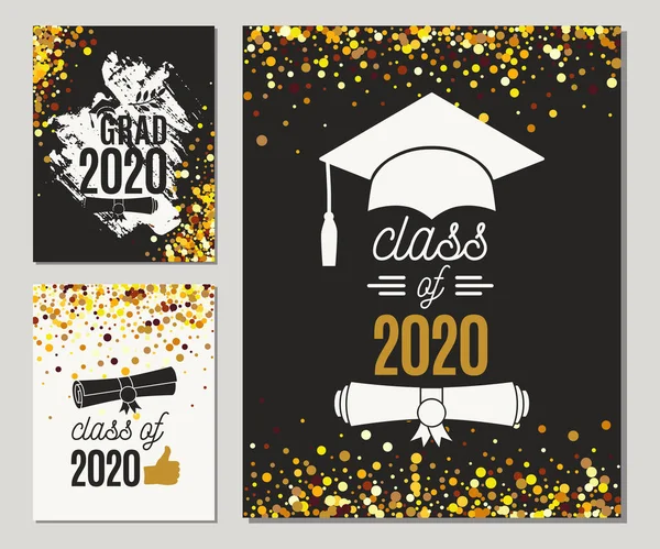 Abschlussklasse 2020 Drei Mit Goldenem Glanz Versehene Grußkarten Vector Einladungen — Stockvektor