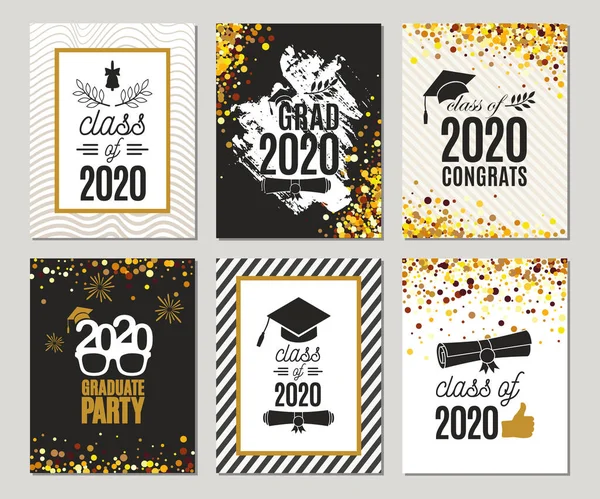 Graduation Class 2020 Випускні Картки Набір Шести Шаблонів Золотими Кольорами — стоковий вектор