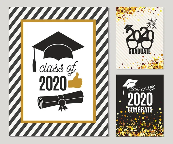 Graduation Class 2020 Tres Tarjetas Felicitación Engastadas Colores Dorados Invitaciones — Archivo Imágenes Vectoriales