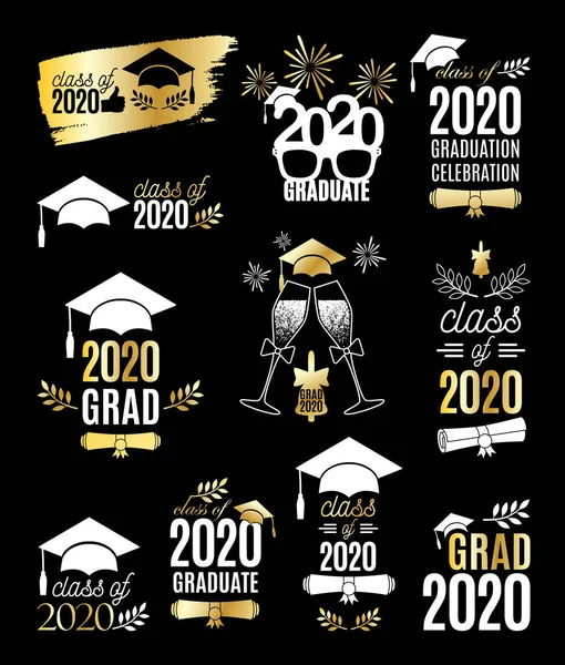 stock vector Graduation class of 2020 labels design set with golden elements. Concept for shirt, print, seal, overlay, stamp, greeting card, invitation. Vector sign or logo. All isolated and layered