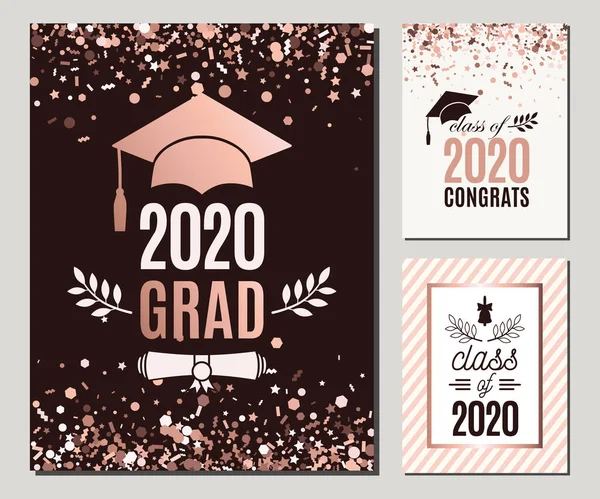 Tarjetas Felicitación Graduation Class 2020 Engastadas Colores Confeti Oro Rosa — Archivo Imágenes Vectoriales