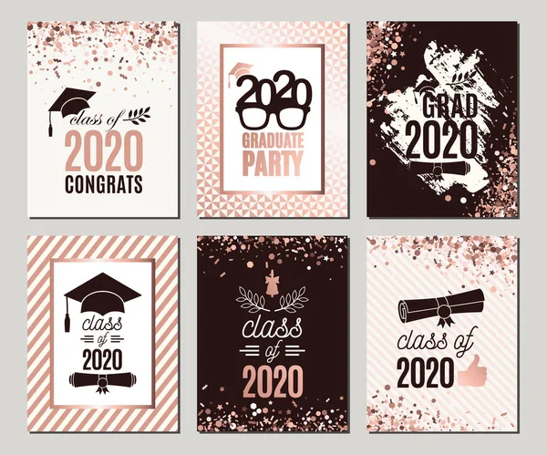 Klasa Ukończenia 2020 Różowe Złote Kartki Okolicznościowe Zestaw Sześć Zaproszeń — Wektor stockowy