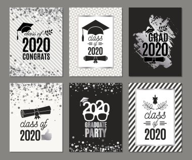 2020 mezuniyet sınıfı. Gümüş renkli altı tebrik kartı. Vektör partisi davetleri. Mezuniyet afişleri. Hepsi izole ve katmanlı.