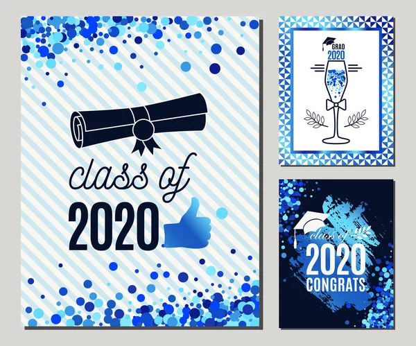Absolwent 2020 Kartek Okolicznościowych Niebieskich Kolorach Trzy Zaproszenia Imprezę Wektorową — Wektor stockowy