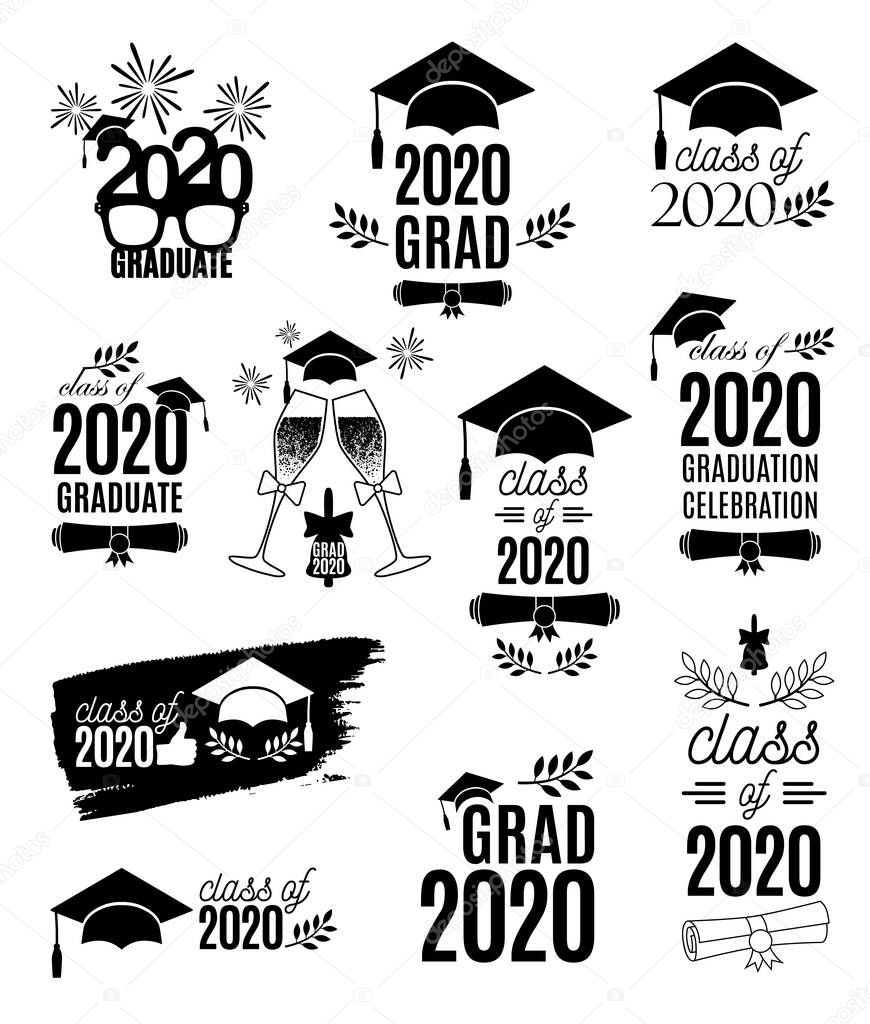 Graduate 2020 labels design set. Concept for shirt, print, seal, overlay, stamp, greeting card, invitation. Vector sign or logo. All isolated and layered